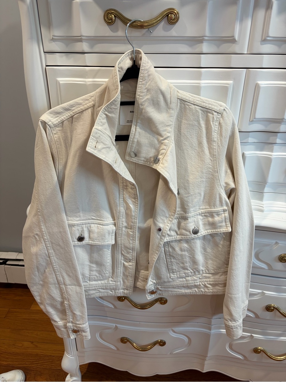 Mango Cream Denim Jacket with Front Flap Pockets and high collar